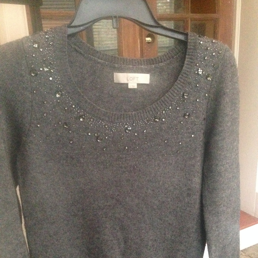 Loft Charcoal Gray Small Bling Embellished Sweater